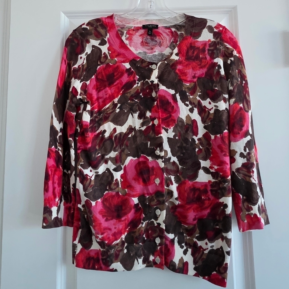 ❤️ 3 For 15 Talbots Red and Brown Floral Cardigan Size Small Petite